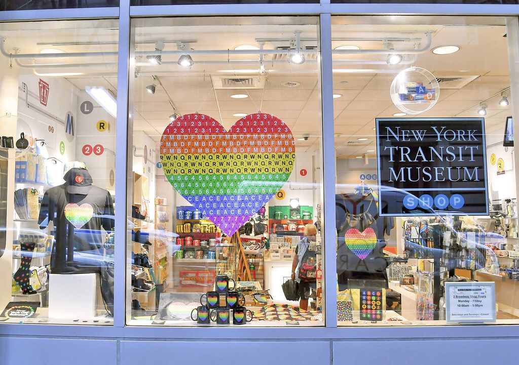 The MTA Pride logo on the window of the Transit Museum Store (MTA Photos)